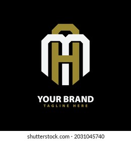 Initial letters M, A, MA or AM overlapping, interlocked monogram logo, white and gold color on black background