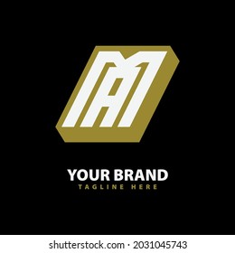 Initial letters M, A, MA or AM overlapping, interlocked monogram logo, white and gold color on black background