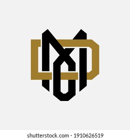 Initial letters M, O, D, MOD, MDO, OMD, ODM, DMO, DOM overlapping, interlock, monogram logo, black and gold color on white background