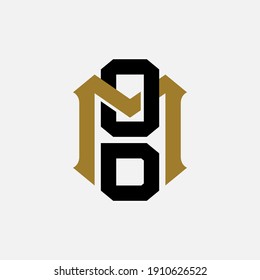 Initial letters M, O, D, MOD, MDO, OMD, ODM, DMO, DOM overlapping, interlock, monogram logo, black and gold color on white background