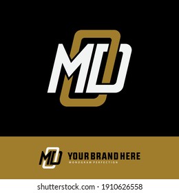 Initial letters M, O, D, MOD, MDO, OMD, ODM, DMO, DOM overlapping, interlock, monogram logo, white and gold color on black background