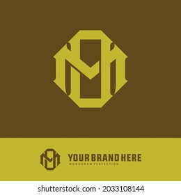 Initial letters M, O, MO or OM overlapping, interlocked monogram logo, yellow color on brown background