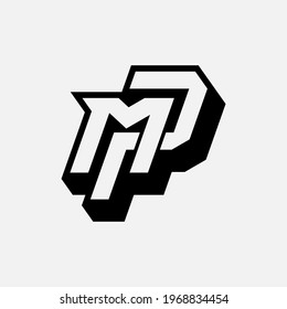 Initial letters M, P, MP or PM overlapping, interlocked monogram logo, black and white color on white background