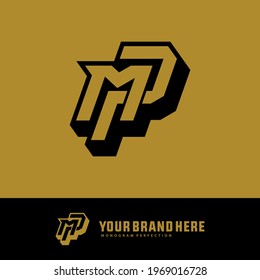 Initial letters M, P, MP or PM overlapping, interlocked monogram logo, black and gold color on gold background