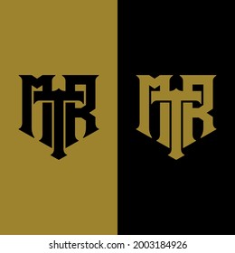 Initial letters M, T, R, MTR, MRT, TRM, TMR, RMT or RTM overlapping, interlocked monogram logo, black and gold color 