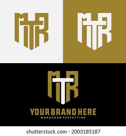Initial letters M, T, R, MTR, MRT, TRM, TMR, RMT or RTM overlapping, interlocked monogram logo, white, black and gold color