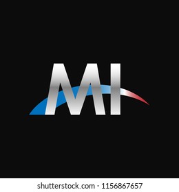 Initial letters MI overlapping movement swoosh logo, metal silver blue red color on black background