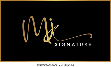 Initial letters MJ M J vector signature Logo Template, Bold cursive stylish brush calligraphy letters MJ, Luxury Golden. Gold Isolated on black background.