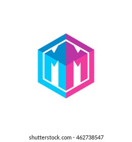 Initial letters MM hexagon box shape logo blue pink purple