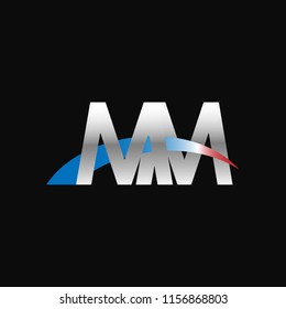Initial letters MM overlapping movement swoosh logo, metal silver blue red color on black background