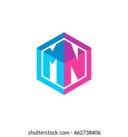 Initial letters MN hexagon box shape logo blue pink purple
