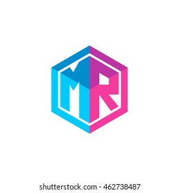 Initial letters MR hexagon box shape logo blue pink purple