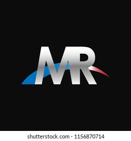 Initial letters MR overlapping movement swoosh logo, metal silver blue red color on black background