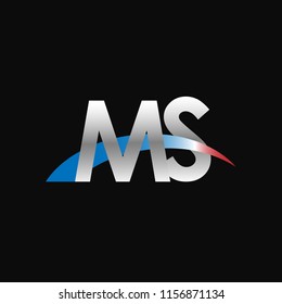 Initial letters MS overlapping movement swoosh logo, metal silver blue red color on black background
