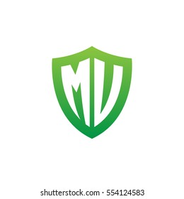 Initial letters MU, MV, shield shape green simple logo