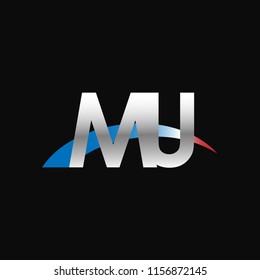 Initial letters MU overlapping movement swoosh logo, metal silver blue red color on black background