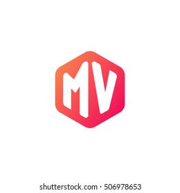 Initial letters MV rounded hexagon shape red orange simple modern logo