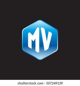 Initial letters MV rounded hexagon shape blue modern logo