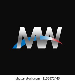 Initial letters MW overlapping movement swoosh logo, metal silver blue red color on black background