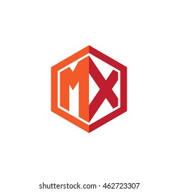 Initial letters MX hexagon shape logo red orange