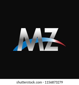 Initial letters MZ overlapping movement swoosh logo, metal silver blue red color on black background