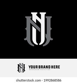 Letras iniciales N o NN superpuestas, logotipo de monograma interbloqueado, color blanco y gris sobre fondo negro