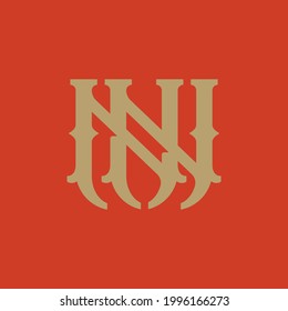 Initial letters N or NN overlapping, interlocked monogram logo, cream color on orange background