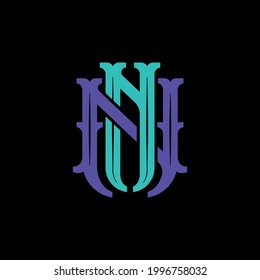Initial letters N or NN overlapping, interlocked monogram logo, purple and tosca color on black background