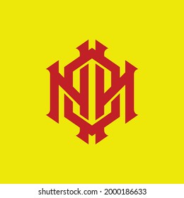 Initial letters N, O, NNO, NON or ONN overlapping, interlocked monogram logo, red color on yellow background