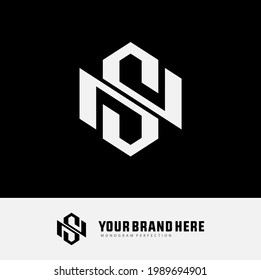 Initial letters N, S, NS or SN overlapping, interlocked monogram logo, white color on black background