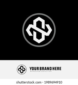 Initial letters N, S, NS or SN overlapping, interlocked monogram logo, white and gray color on black background