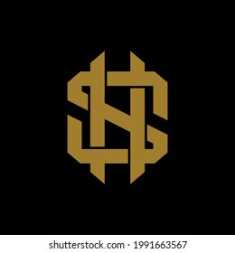 Initial letters N, S, NS or SN overlapping, interlocked monogram logo, gold color on black background