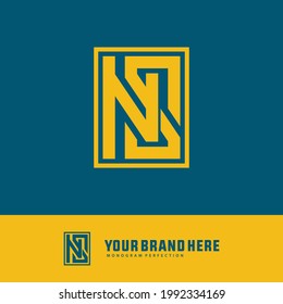 Initial letters N, S, NS or SN overlapping, interlocked monogram logo, yellow color on blue background