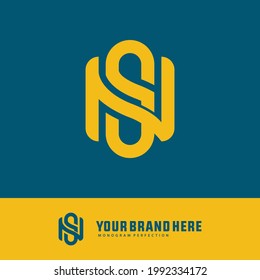 Initial letters N, S, NS or SN overlapping, interlocked monogram logo, yellow color on blue background