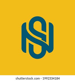 Initial letters N, S, NS or SN overlapping, interlocked monogram logo, blue color on yellow background
