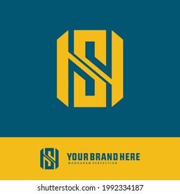 Initial letters N, S, NS or SN overlapping, interlocked monogram logo, yellow color on blue background