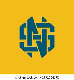 Initial letters N, S, NS or SN overlapping, interlocked monogram logo, blue color on yellow background