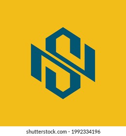 Initial letters N, S, NS or SN overlapping, interlocked monogram logo, blue color on yellow background