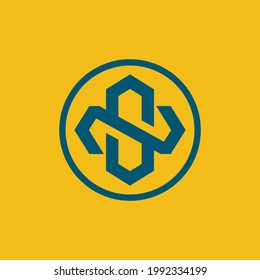 Initial letters N, S, NS or SN overlapping, interlocked monogram logo, blue color on yellow background
