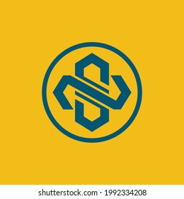 Letras iniciales N, S, NS o SN superpuestas, logotipo de monograma interbloqueado, color azul sobre fondo amarillo