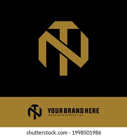 Initial letters N, T, NT or TN overlapping, interlocked monogram logo, gold color on black background