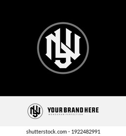 Initial letters N, Y, NY or YN overlapping, interlock, monogram logo, white and gray color on black background