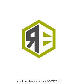 Initial letters RE negative space hexagon shape logo green black gray
