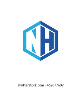 Initial letters NH negative space hexagon shape logo blue