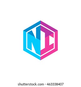 Initial letters NI hexagon box shape logo blue pink purple