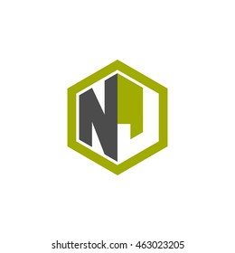 Initial letters NJ negative space hexagon shape logo green black gray
