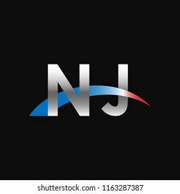 Initial letters NJ overlapping movement swoosh logo, metal silver blue red color on black background