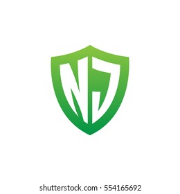 Initial letters NJ shield shape green simple logo