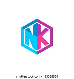 Initial letters NK hexagon box shape logo blue pink purple