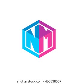 Initial letters NM hexagon box shape logo blue pink purple